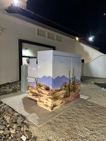 Outdoor electrical cabinet with a desert landscape mural (cacti and mountains) on its sides, outside a white building at night.
