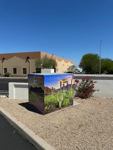 Decorated utility box with a desert landscape mural, cactus plants, and a blue sky in a gravel median by a sidewalk parking area.