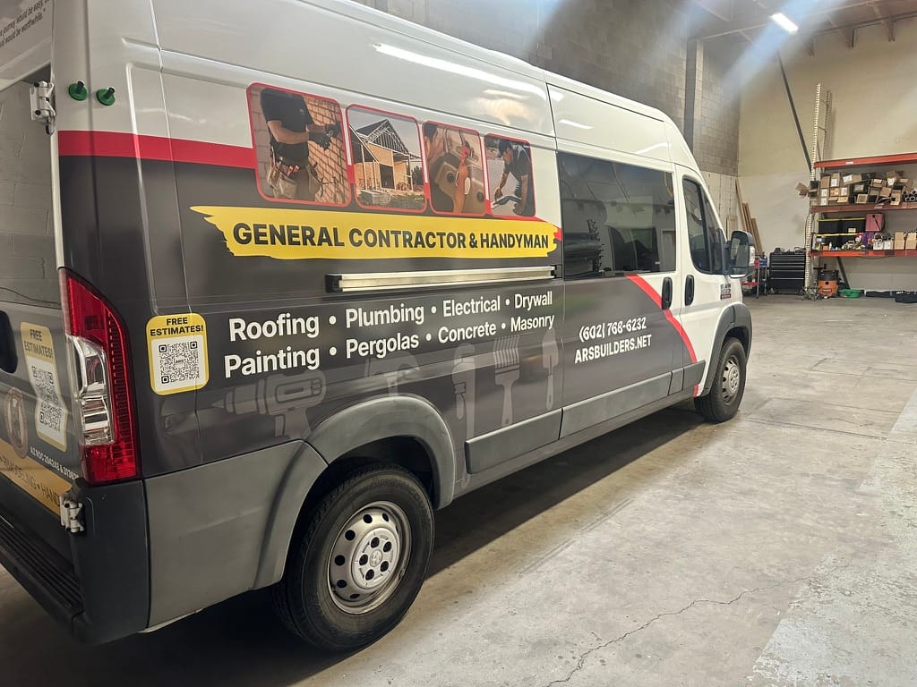 Service van for a general contractor and handyman, featuring roofing, plumbing, electrical and painting services.