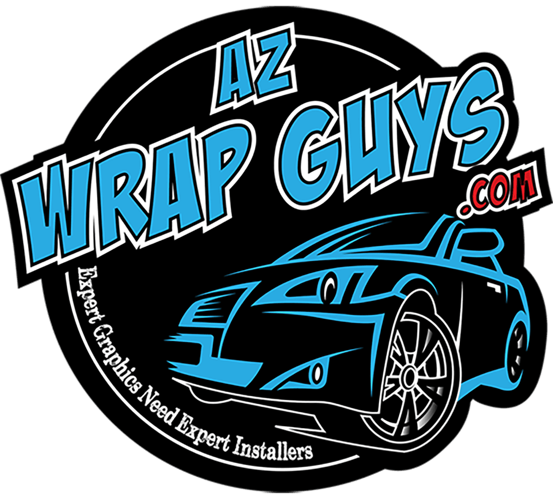 Logo for AZ Wrap Guys featuring a blue sports car inside a circular badge, with '.com' and slogan text.