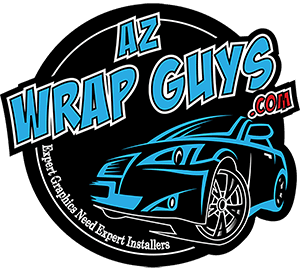 AZ Wrap Guys logo: blue sports car graphic on a black circular badge with bold teal lettering.